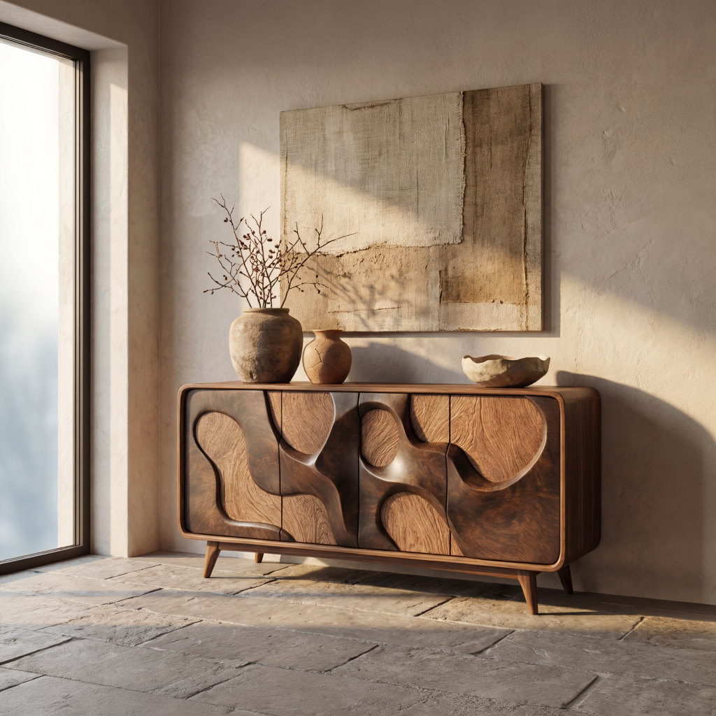 Organic Relief Front Sideboard in Carved Solid Wood for Living and Dining