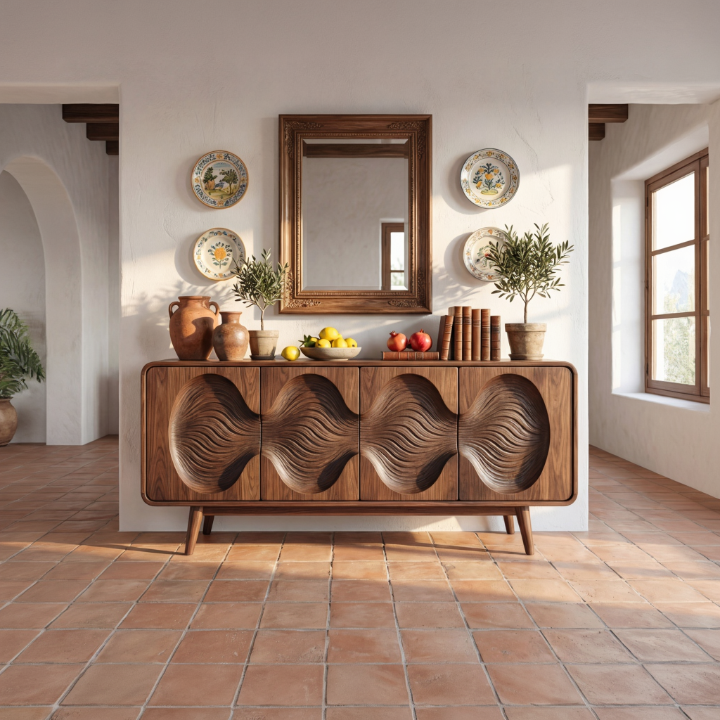Carved Wave Front Solid Wood Sideboard for Living and Dining