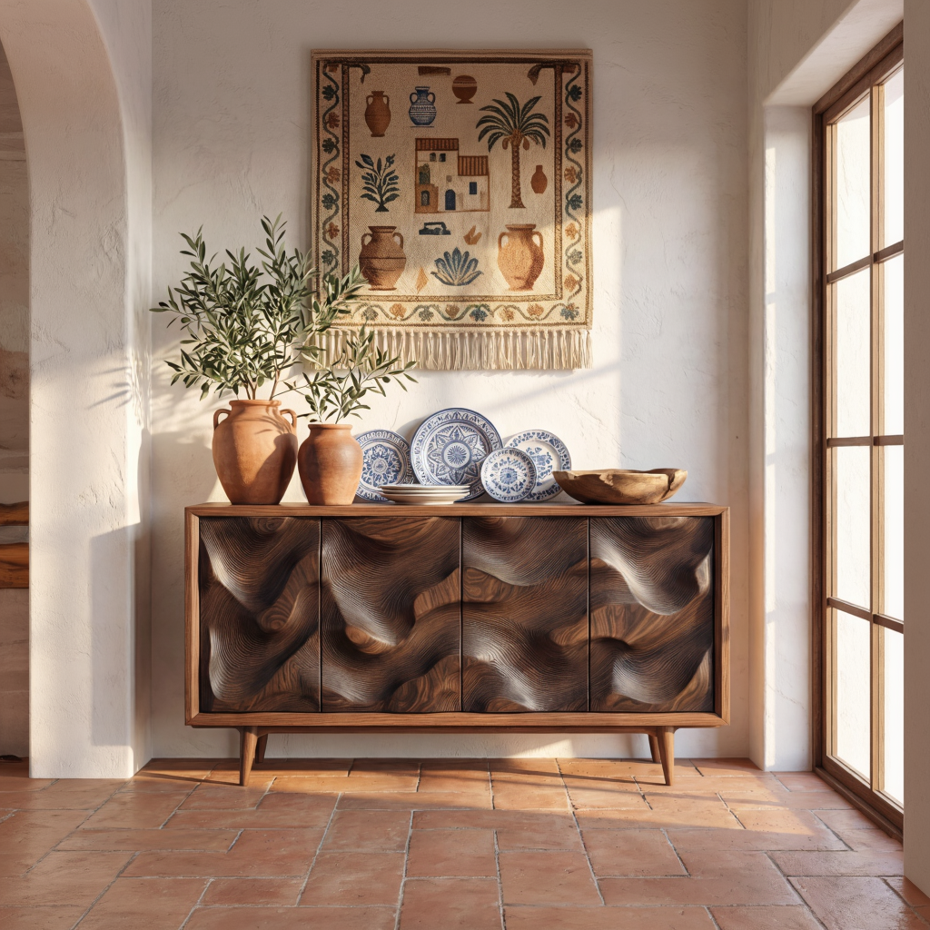 Carved Wave Front Solid Wood Sideboard Cabinet for Living and Dining