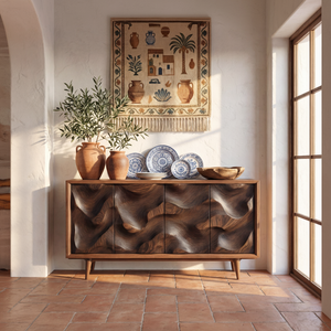 Carved Wave Front Solid Wood Sideboard Cabinet for Living and Dining