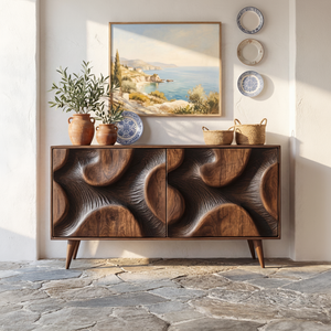 Sculpted Relief Solid Wood Sideboard Cabinet for Living and Dining