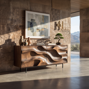 Sculpted Wave Front Solid Wood Sideboard Cabinet
