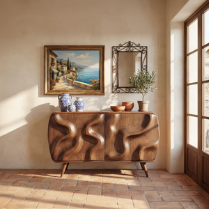 Sculpted Organic Wave Front Solid Wood Sideboard Cabinet