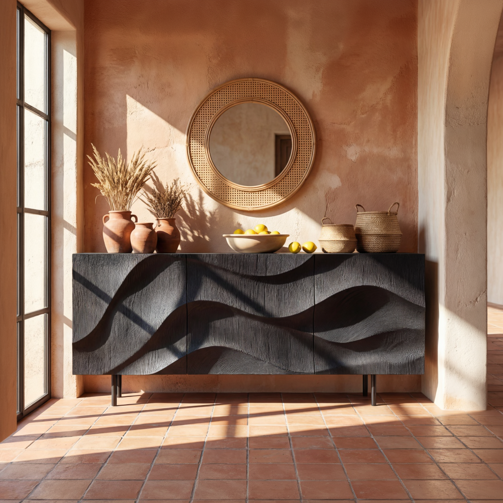 Black Sculpted Wave Front Sideboard Cabinet for Modern Living and Dining