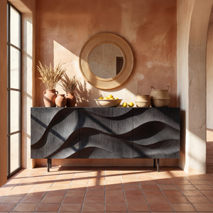 Black Sculpted Wave Front Sideboard Cabinet for Modern Living and Dining