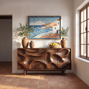 Sculpted Solid Wood Sideboard Cabinet with Organic Carved Front