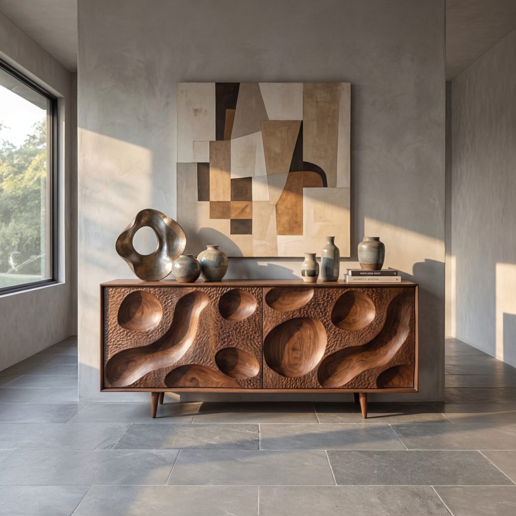 Solid Wood Sideboard with Hand Carved Crater Front