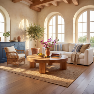 Round Wood Coffee Table with Chunky Block Legs