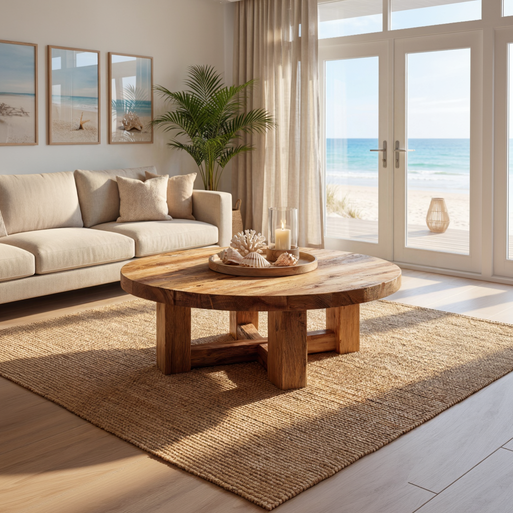 Round Wood Coffee Table with Chunky Cross Base