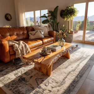 Live Edge Wood Coffee Table with Sculptural Block Base