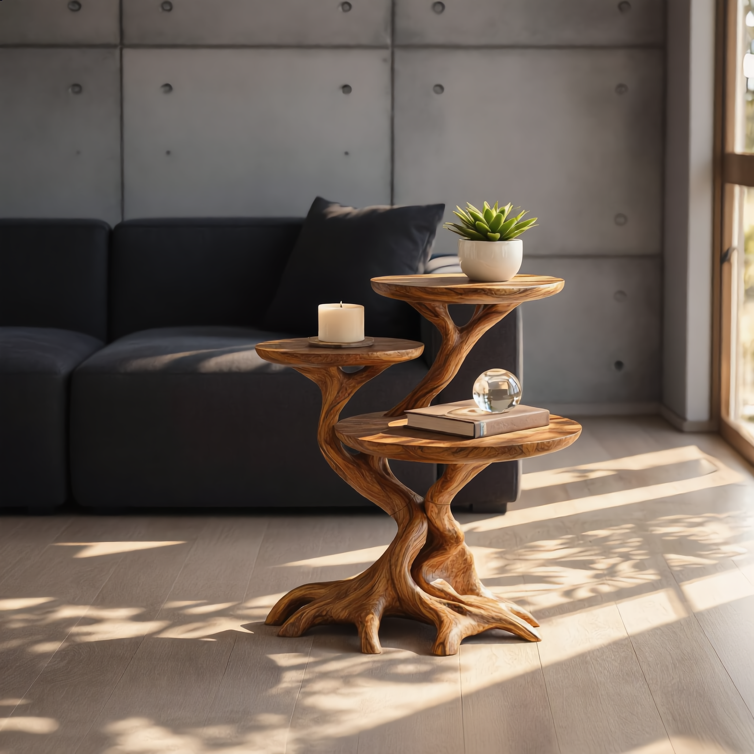 Root Form Three Level Wood Accent Table with Sculptural Branch Base