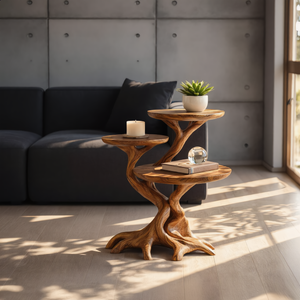 Root Form Three Level Wood Accent Table with Sculptural Branch Base