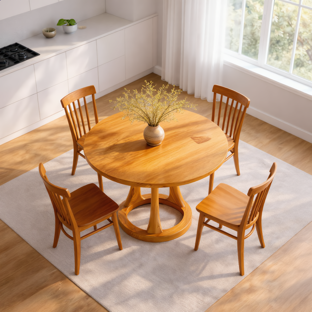 Round Solid Wood Dining Table with Ring Base Design for Dining Room