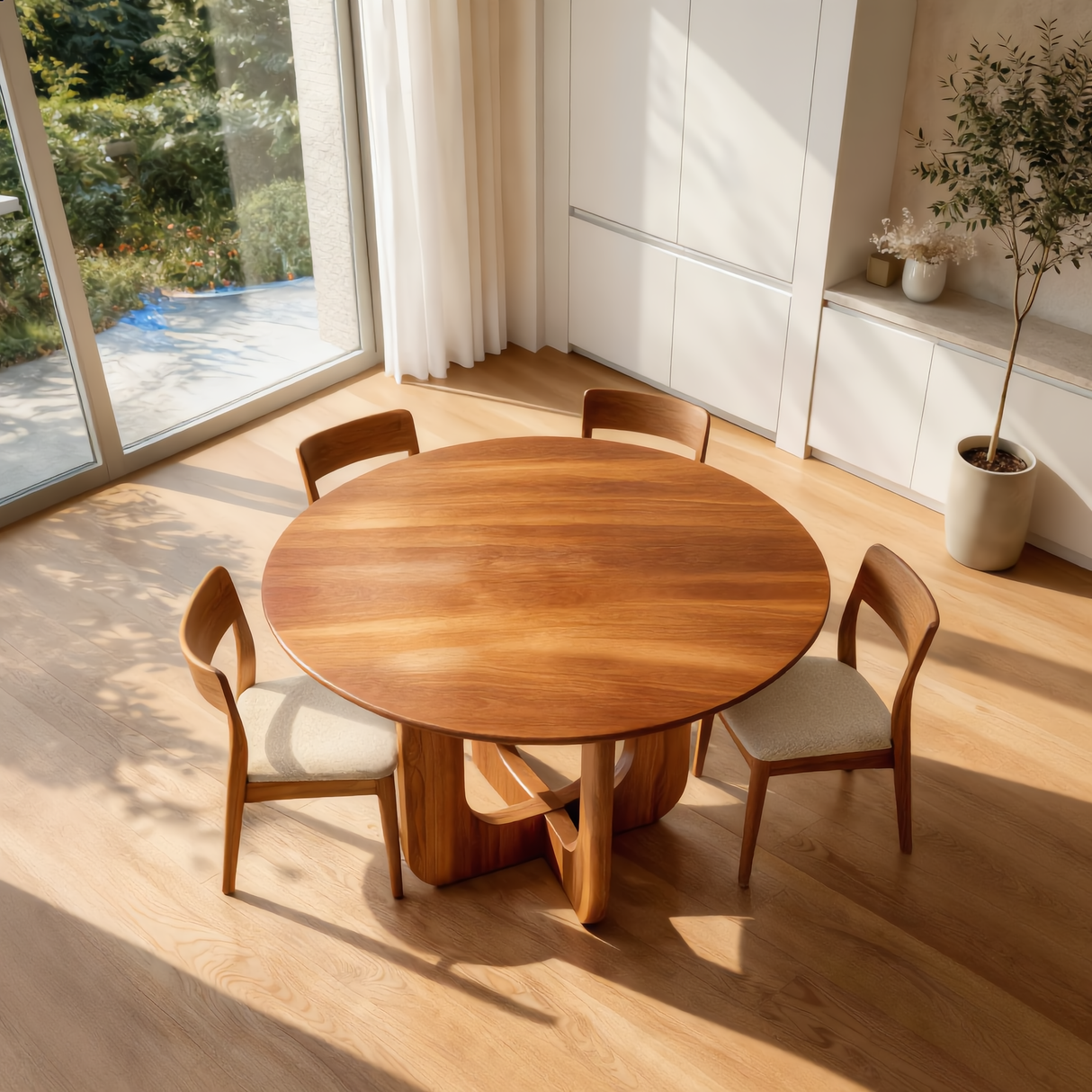 Round Solid Wood Dining Table with Sculpted U Shape Base for Dining Room