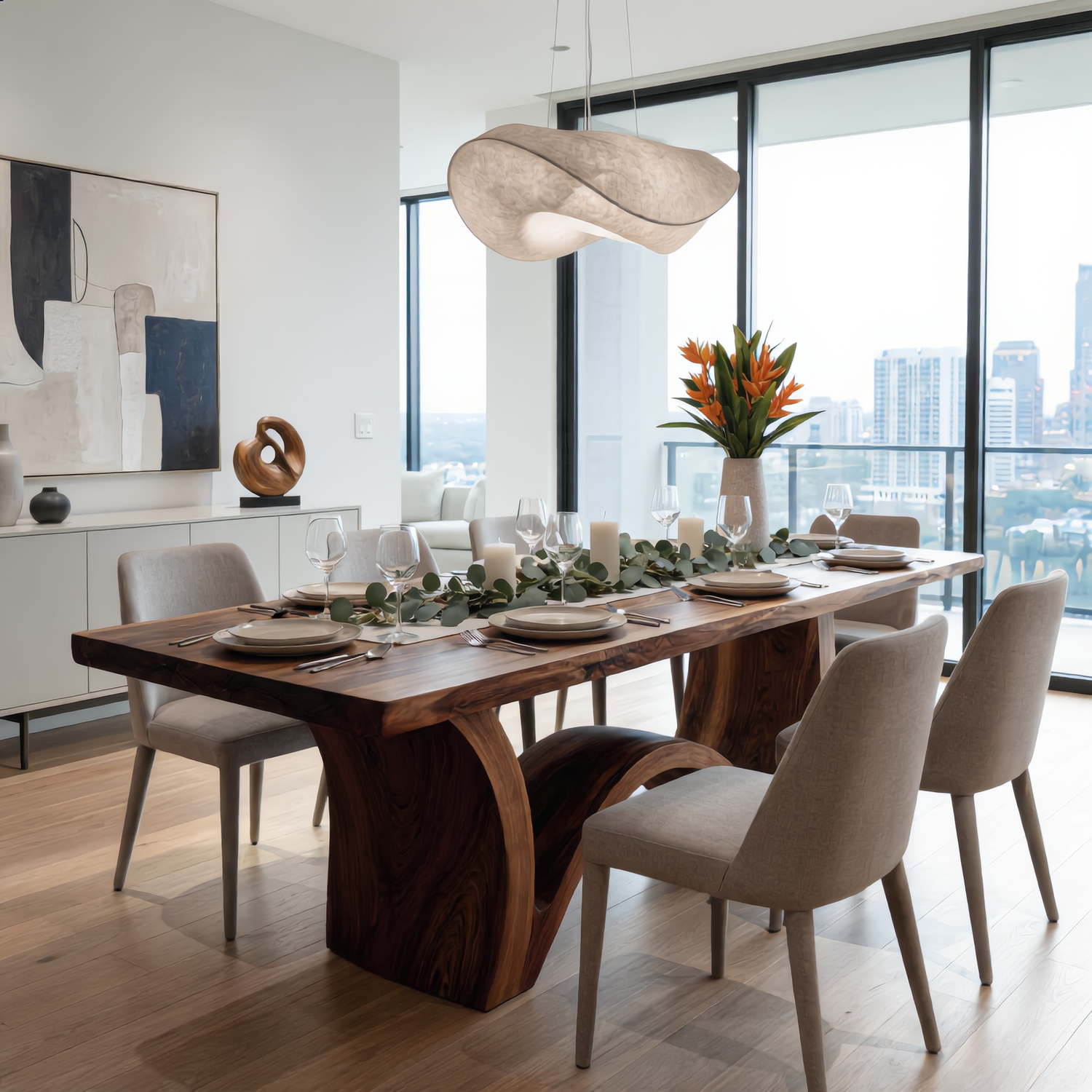 Live Edge Solid Wood Dining Table with Sculptural Curved Base for Dining Room