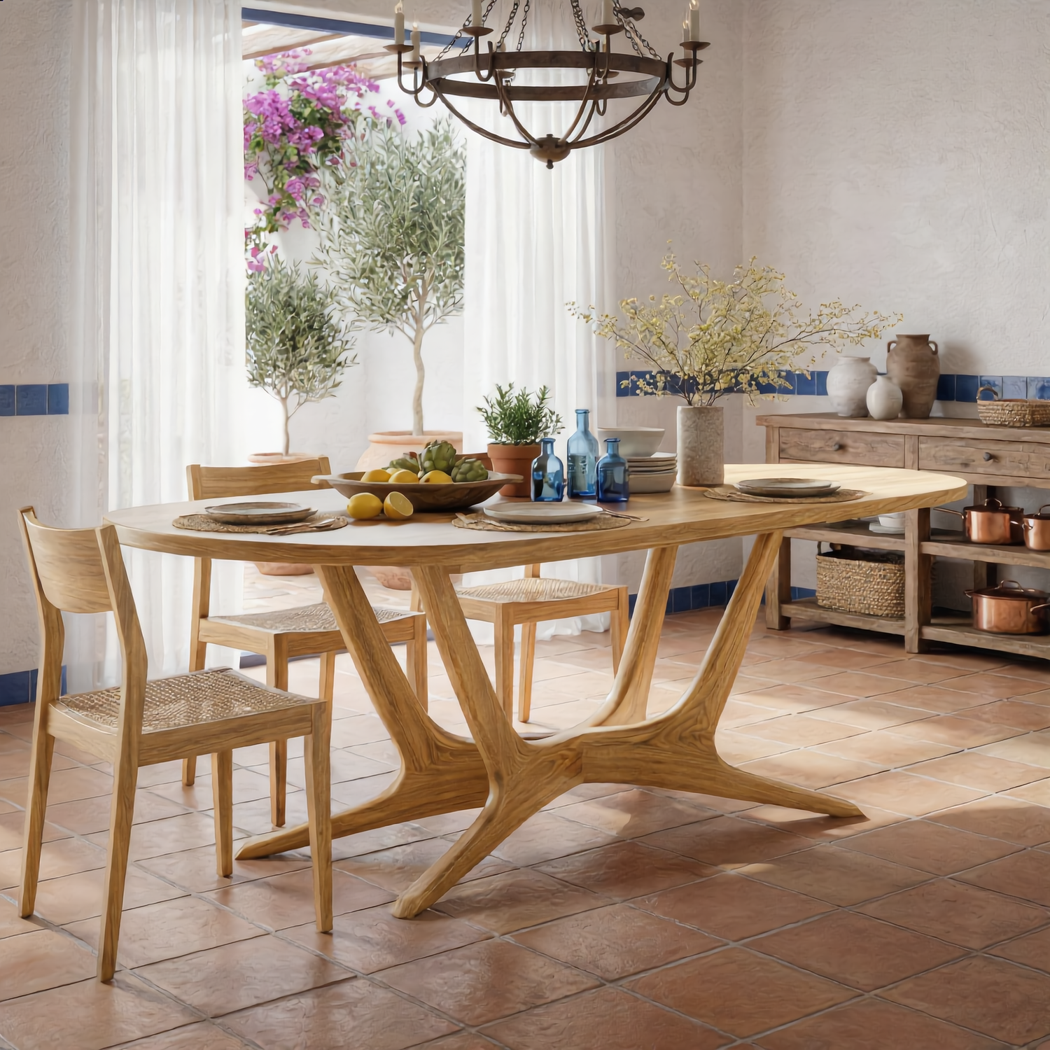 Oval Solid Wood Dining Table with Angled Sculptural Base for Dining Room