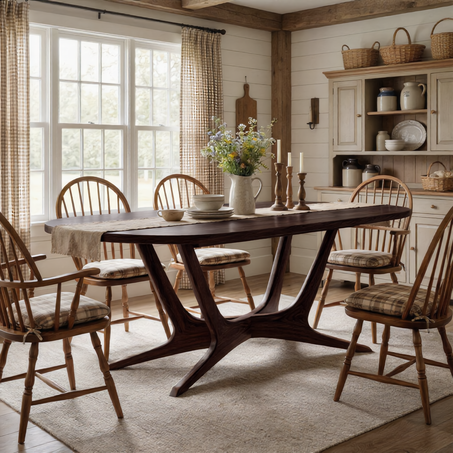 Oval Solid Wood Dining Table with Angled Sculptural Base for Dining Room