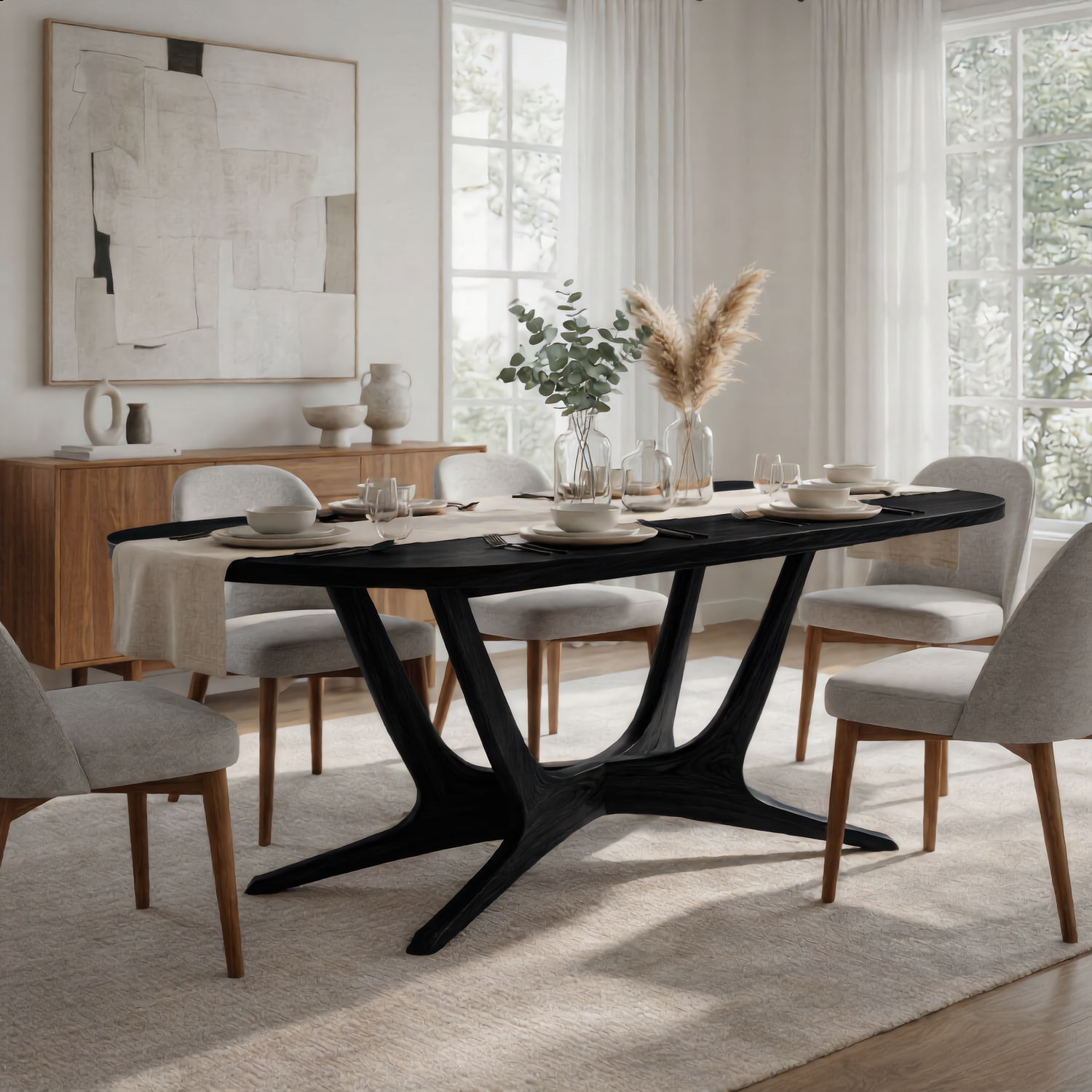 Oval Solid Wood Dining Table with Angled Sculptural Base for Dining Room