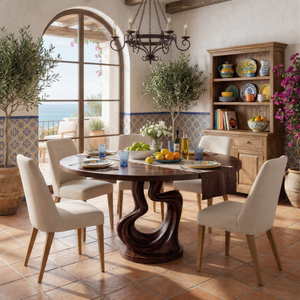 Round Solid Wood Dining Table with Twisted Sculptural Base for Dining Room