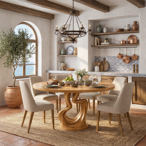Round Solid Wood Dining Table with Twisted Sculptural Base for Dining Room