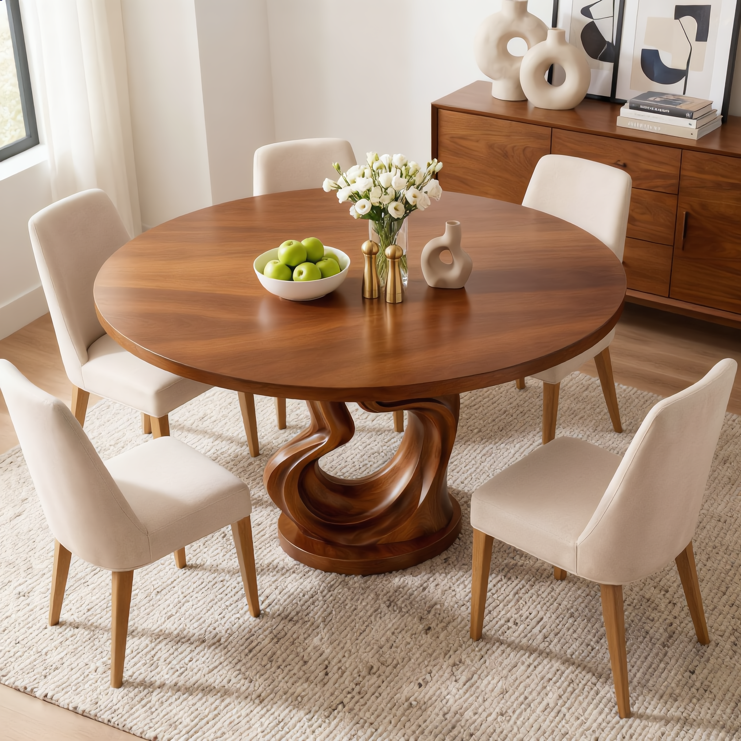 Round Solid Wood Dining Table with Twisted Sculptural Base for Dining Room