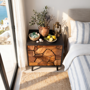 Handcrafted Solid Wood Nightstand with Geometric Carved Drawer Fronts and Black Frame