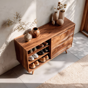 Handcrafted Solid Wood Shoe Cabinet with Open Shelves for Entryway