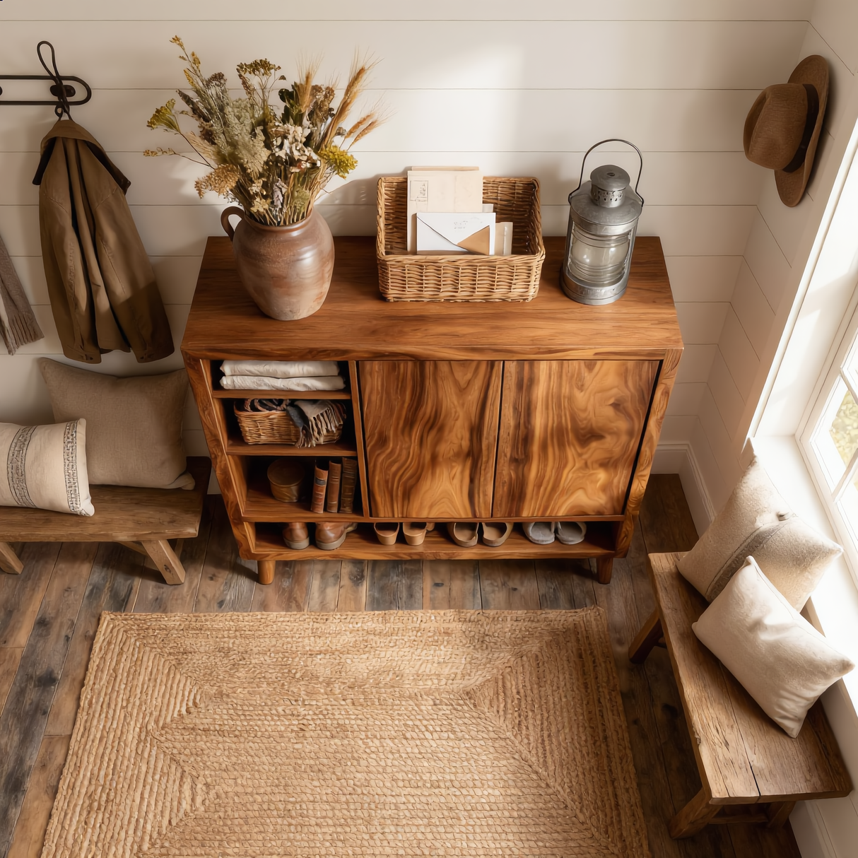 Handcrafted Solid Wood Shoe Cabinet with Double Doors and Open Shelving for Entryway