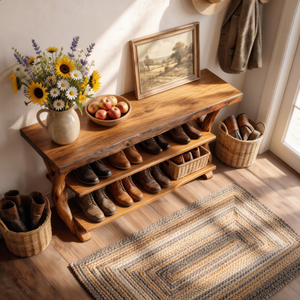 Handcrafted Solid Wood Shoe Rack Console with Open Shelves and Sculptural Branch Legs