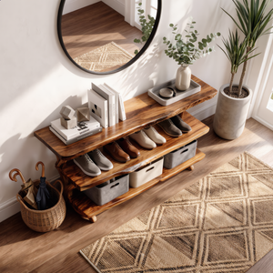 Handcrafted Solid Wood Shoe Rack Console with Open Shelves and Organic Branch Base