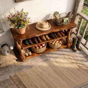 Handcrafted Solid Wood Shoe Rack Console with Rustic Live Edge Top and Open Shelving