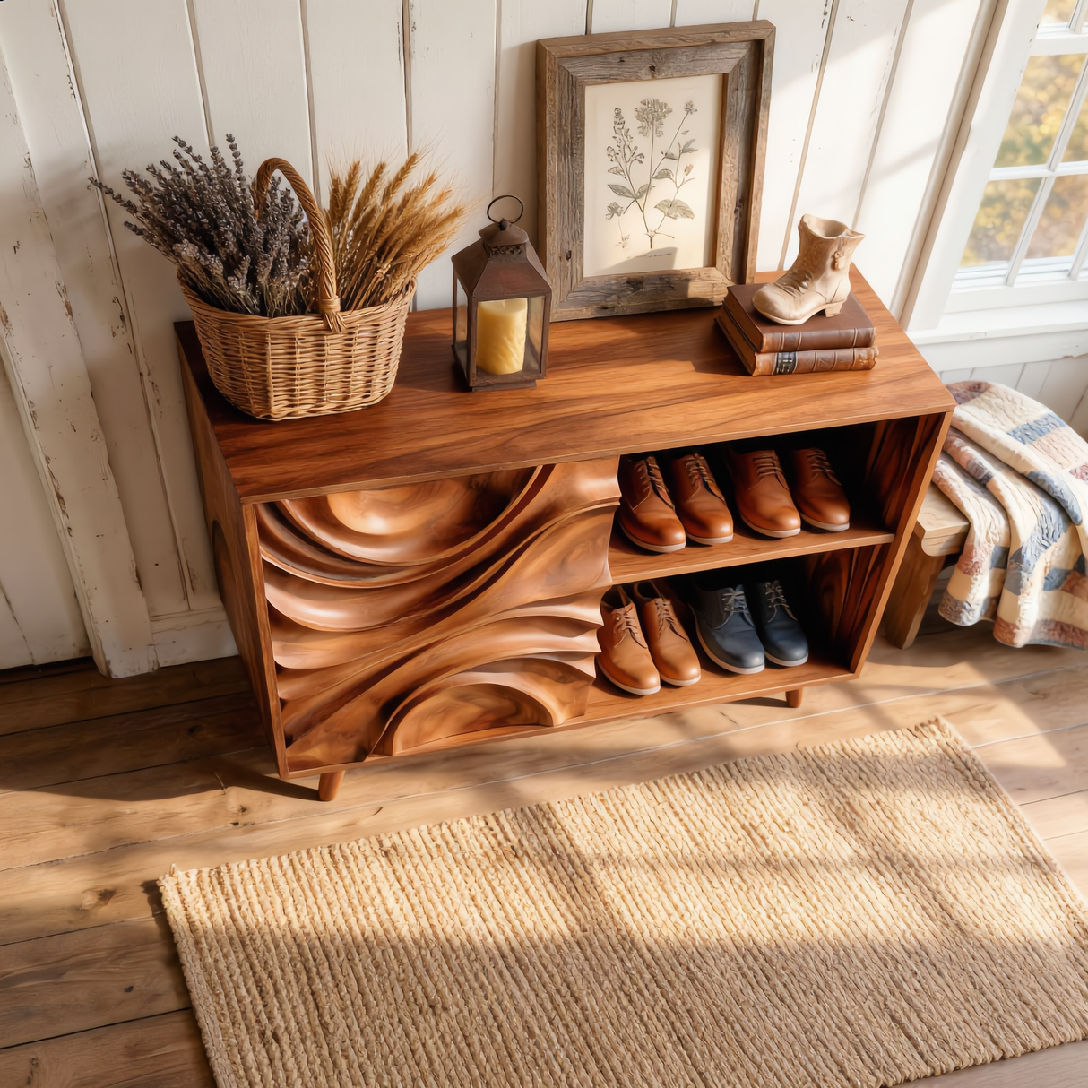 Handcrafted Solid Wood Shoe Cabinet with Sculptural Carved Door and Open Shelves for Entryway