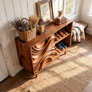 Handcrafted Solid Wood Shoe Cabinet with Sculptural Carved Door and Open Shelves for Entryway