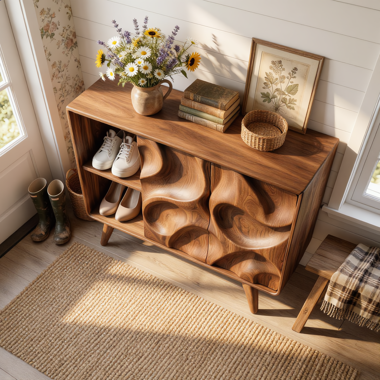 Handcrafted Solid Wood Shoe Cabinet with Sculptural Carved Doors and Open Side Shelves