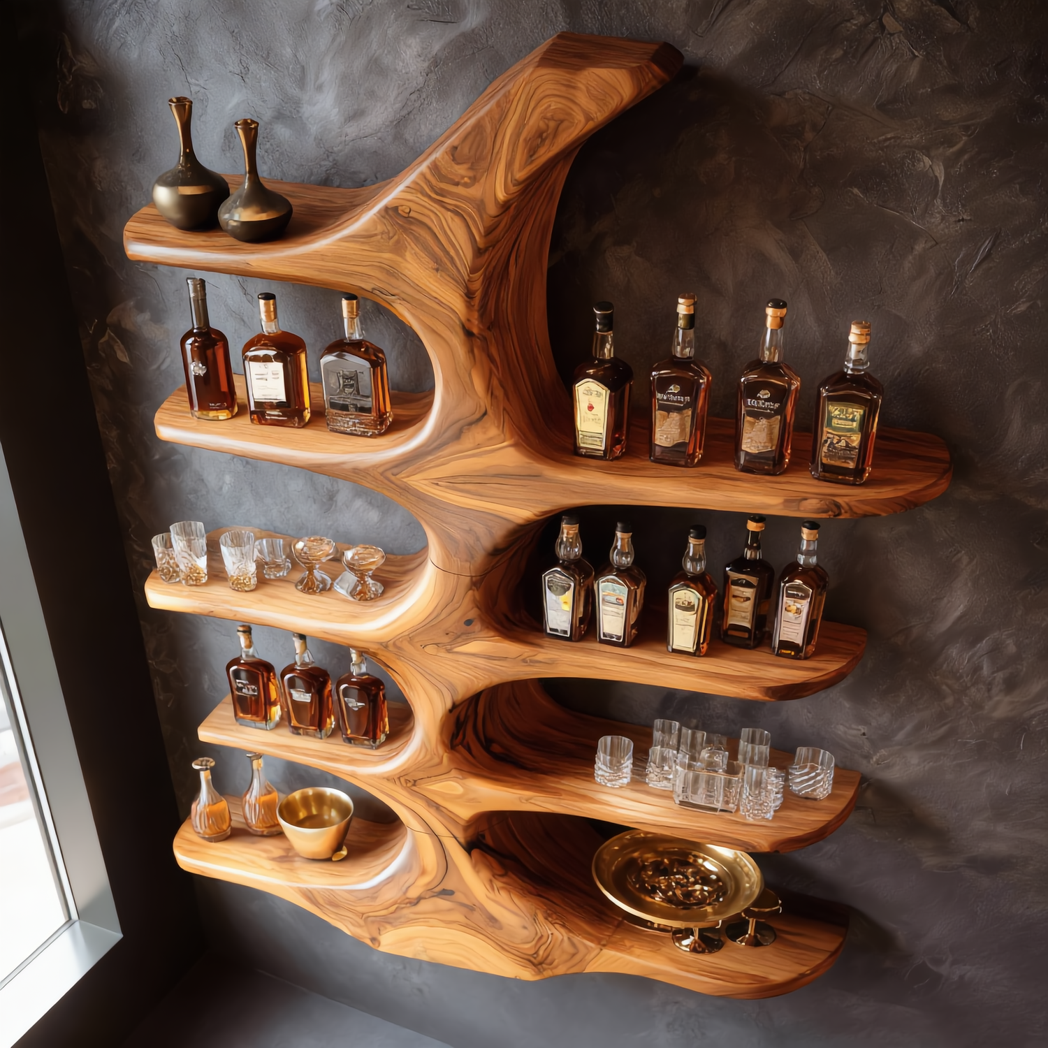 Handcrafted Solid Wood Wall Mounted Whiskey Shelf with Organic Branch Form