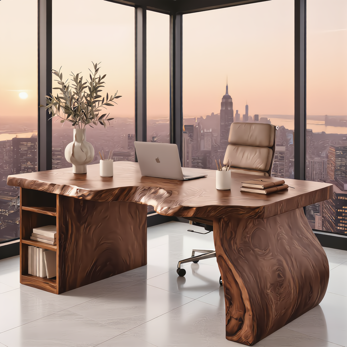 Solid Wood Executive Desk with Sculptural Panel Legs and Open Shelf