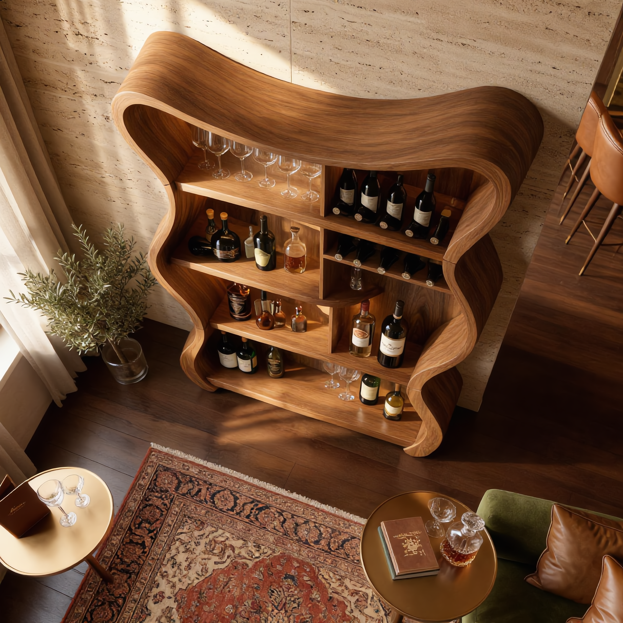 Handcrafted Solid Wood Wine Cabinet with Curved Open Shelves