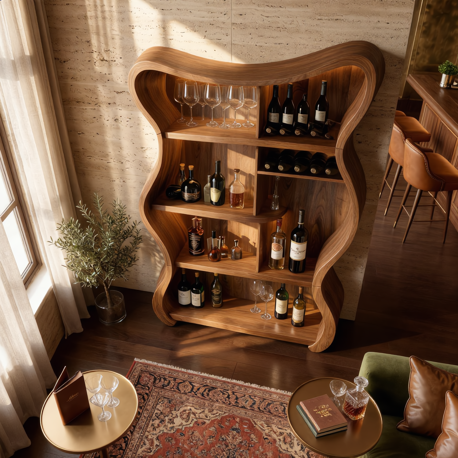 Handcrafted Solid Wood Wine Cabinet with Curved Open Shelves