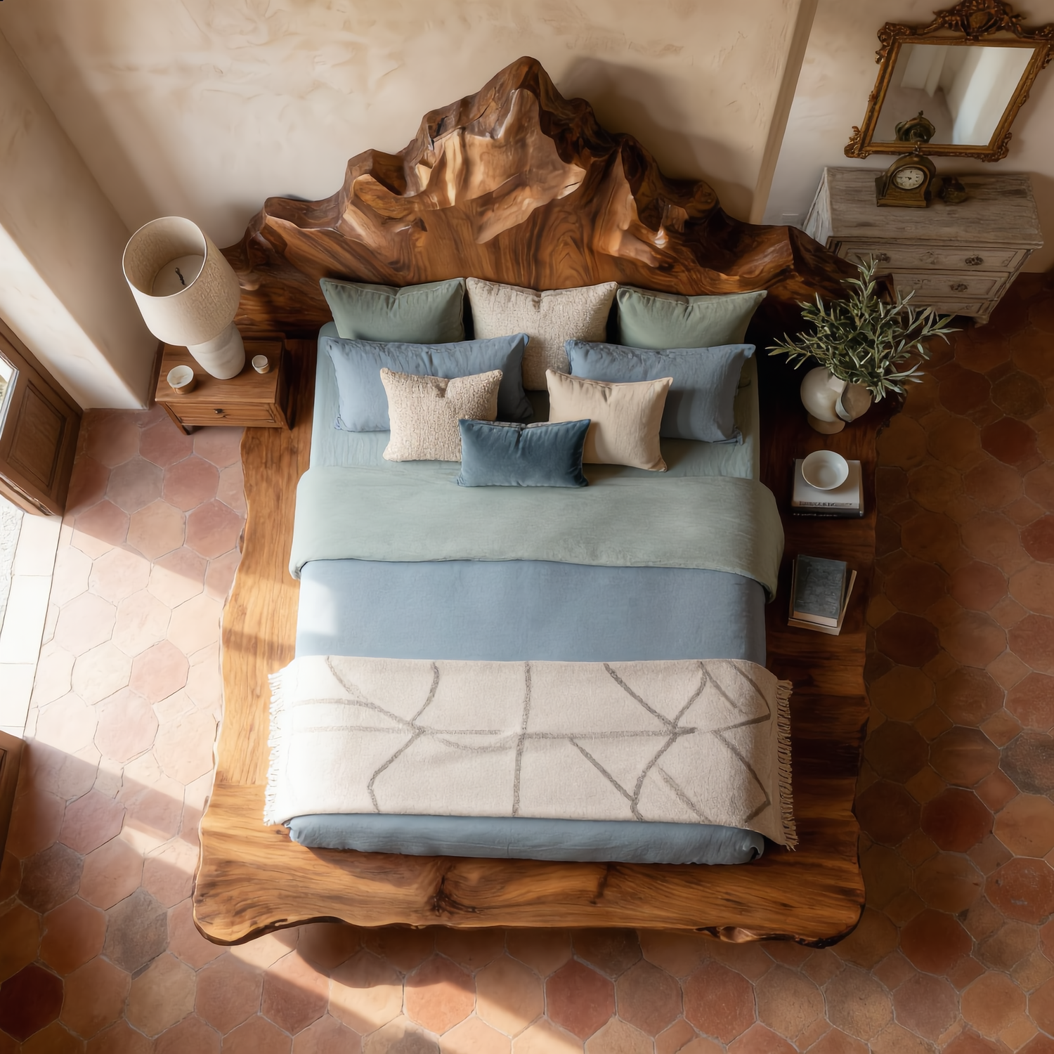 Handcrafted Solid Wood Platform Bed with Natural Live Edge and Sculptural Headboard