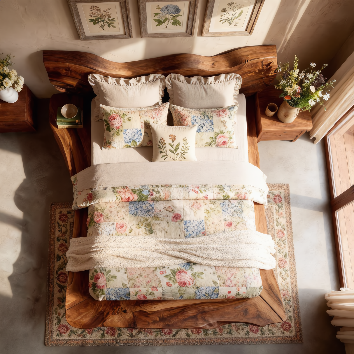 Organic Solid Wood Platform Bed with Flowing Natural Contour Headboard