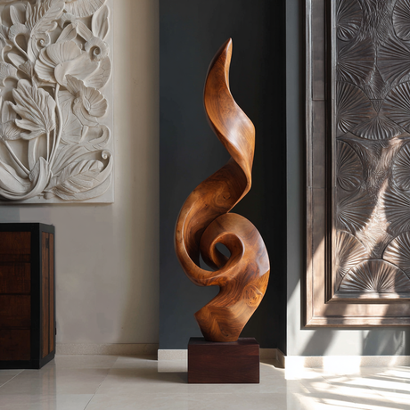 Tall Solid Wood Spiral Flame Sculpture with Plinth for Modern Interiors