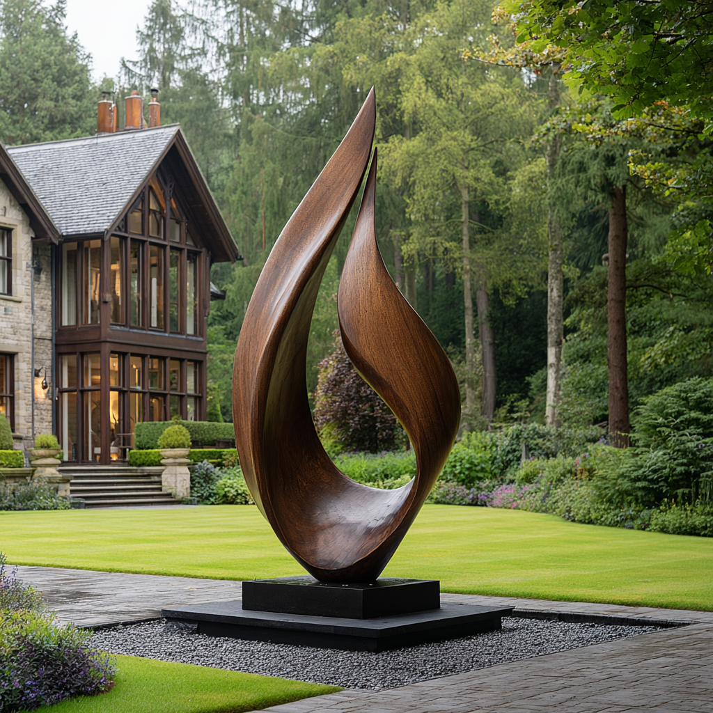 Large Outdoor Solid Wood Flame Sculpture with Plinth for Gardens and Modern Landscapes