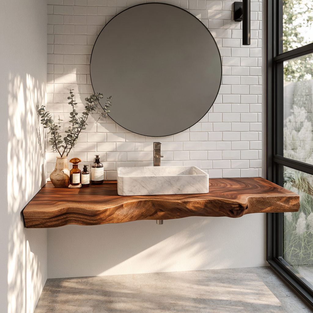Solid Wood Floating Bathroom Vanity Shelf with Sculpted Live Edge for Modern Decor