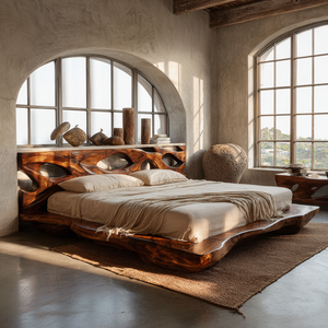 Sculptural Solid Wood Bed with Openwork Headboard and Low Platform Base