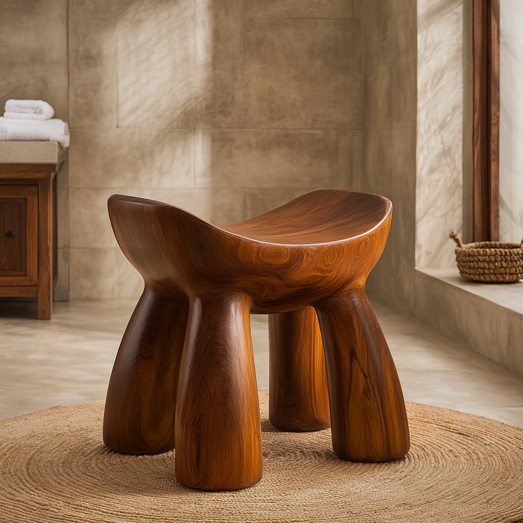 Hand Carved Solid Wood Shower Stool with Curved Sculptural Seat for Bathroom Spa or Bath Area
