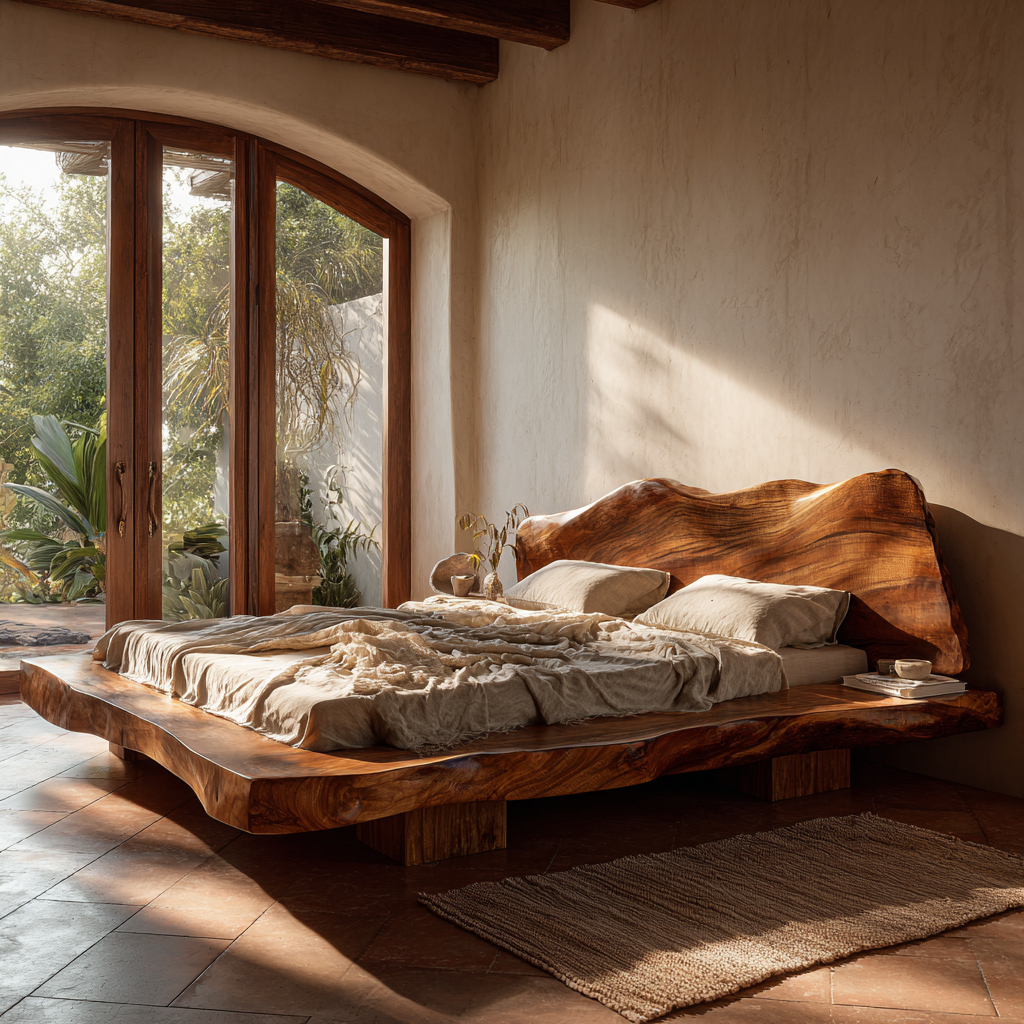 Solid Wood Platform Bed with Live Edge Headboard for Bedroom
