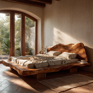 Solid Wood Platform Bed with Live Edge Headboard for Bedroom