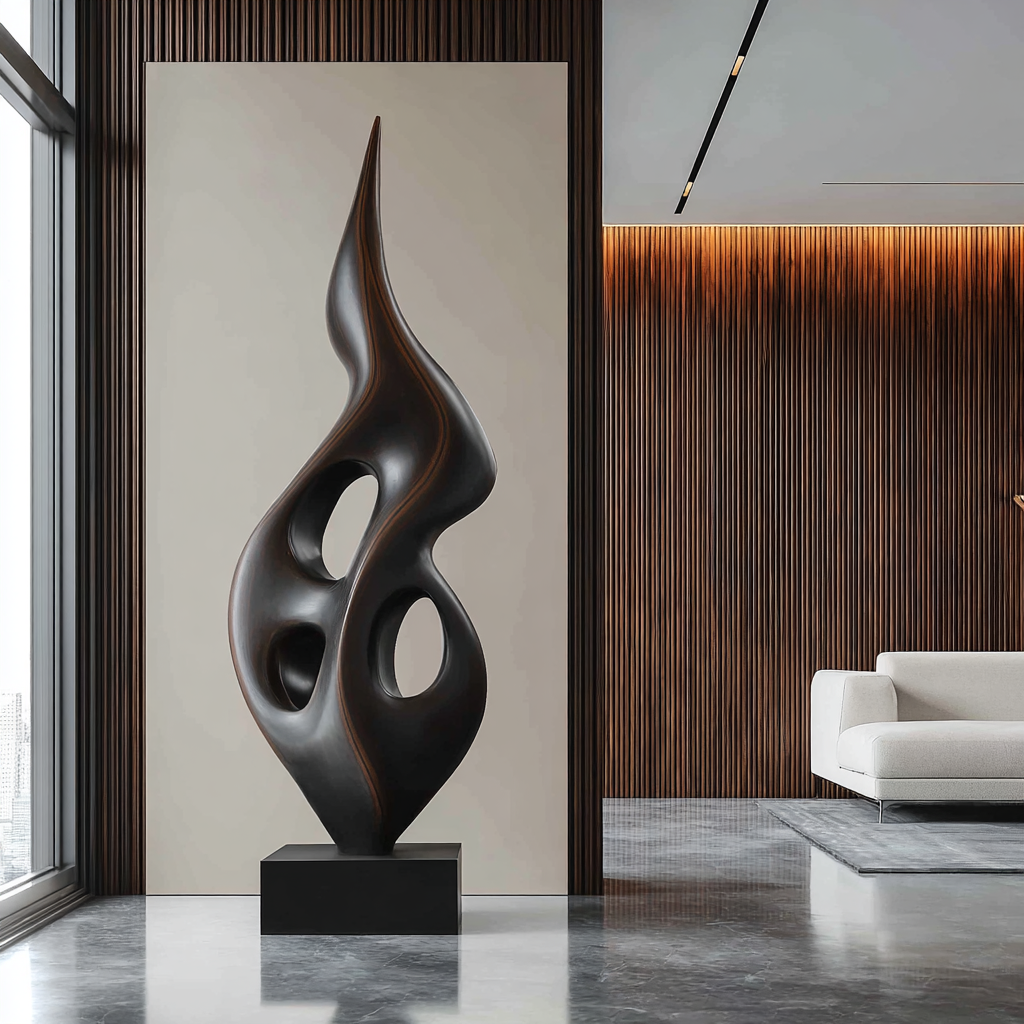 Tall Openwork Solid Wood Flame Sculpture with Plinth for Modern Living Rooms