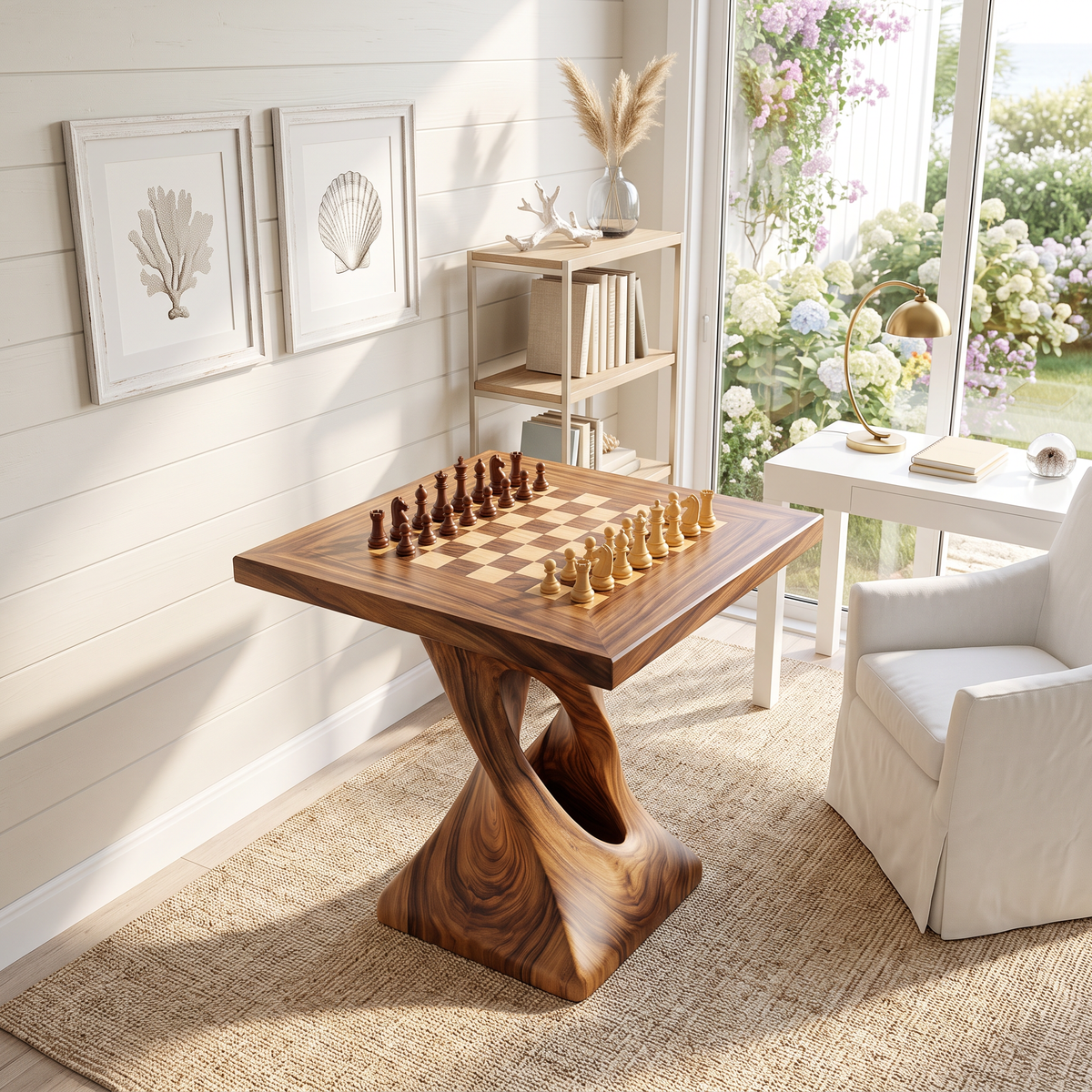 Handcrafted Solid Wood Chess Table with Sculptural Twisted Pedestal Base