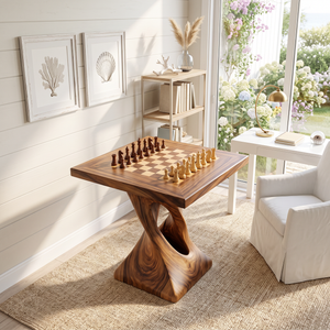 Handcrafted Solid Wood Chess Table with Sculptural Twisted Pedestal Base